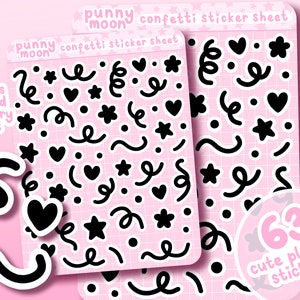 May include: A pink sticker sheet with 63 black and white confetti stickers. The stickers include hearts, stars, swirls, and confetti. The sheet is labeled "punny moon confetti sticker sheet".