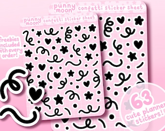 Cute Confetti Planner Stickers| Black Shapes Scrapbook Stickers| Kawaii Hearts And Stars Journal Stickers| Celebration Party Sticker Sheet