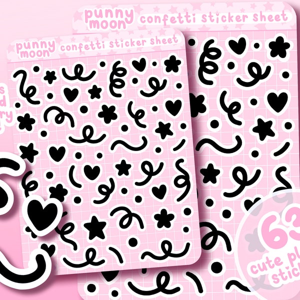 Cute Confetti Planner Stickers| Black Shapes Scrapbook Stickers| Kawaii Hearts And Stars Journal Stickers| Celebration Party Sticker Sheet