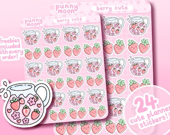 Berry Cute Sticker Sheet| Strawberry Lemonade Planner Stickers| Kawaii Fruit Journal Sticker| Healthy Eating Bujo| Girly Food Drink Stickers