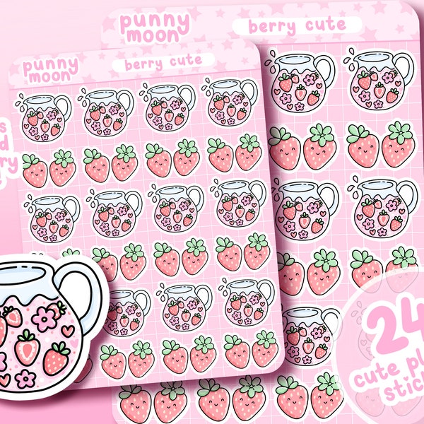 Berry Cute Sticker Sheet| Strawberry Lemonade Planner Stickers| Kawaii Fruit Journal Sticker| Healthy Eating Bujo| Girly Food Drink Stickers