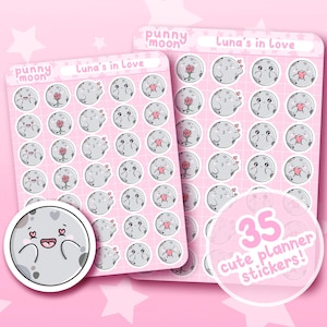 May include: A set of 35 cute planner stickers featuring a moon character with different expressions. The stickers are on a pink background with the text "punny moon" and "Luna's in love".