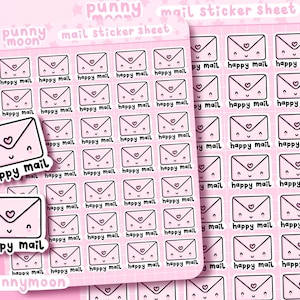 May include: A sheet of pink mail stickers with a cute cartoon envelope design. Each sticker says "happy mail" in black text. The sheet is decorated with white stars.