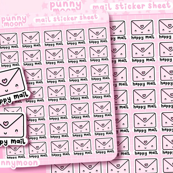 Cute Happy Mail Sticker Sheet| Kawaii Envelope Planner Stickers| Decorative Pen Pal Labels| Pink Small Business Journal Stickers| Small Biz