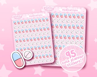 Può includere: Un set di 95 adesivi per planner a forma di pillola rosa e blu con il testo "punny moon" e "medications".