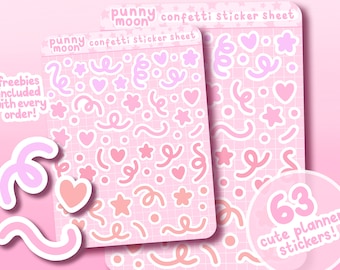 Può includere: Un foglio di adesivi rosa con 63 adesivi carini per il planner. Gli adesivi presentano coriandoli, cuori, stelle e vortici. Il foglio è etichettato "punny moon confetti sticker sheet".