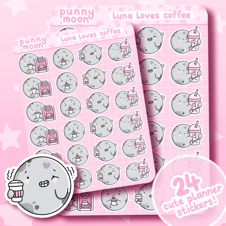 Op de afbeelding: Een set van 24 schattige planner stickers met een cartoon maanfiguur met verschillende uitdrukkingen en met koffiebekers en een koffiezetapparaat. De stickers zijn op een roze achtergrond met de tekst "punny moon" en "Luna loves coffee".