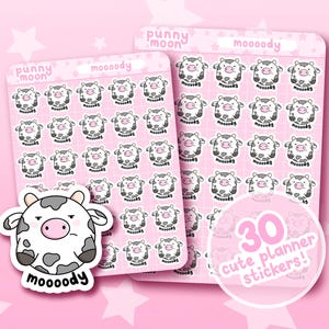 Moody Cow Sticker Sheet| Cute Planner Stickers for Mood Tracking| Kawaii Stationery| Mental Health Journal| Animal Themed Scrapbook Supplies
