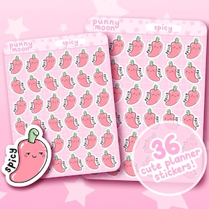 May include: A sheet of 36 pink and white planner stickers featuring a cartoon chili pepper with the word "Spicy" written on it. The stickers are arranged in a grid pattern and are perfect for adding a touch of fun to your planner.