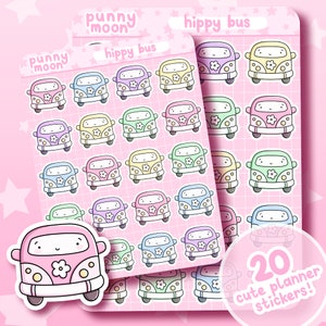 May include: A sheet of 20 colourful stickers featuring a cute cartoon hippie van with flowers. The stickers are arranged in a grid pattern and labelled "punny moon" and "hippy bus".