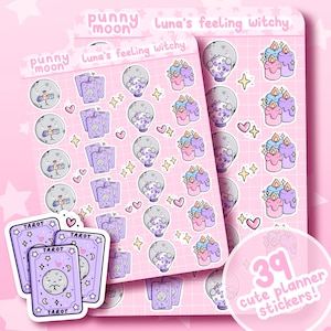 May include: A set of 39 cute planner stickers featuring a witchy theme. The stickers are pink, purple, and blue and feature illustrations of tarot cards, candles, and crystal balls. The text "Punny Moon" and "Luna's feeling witchy" is featured on the stickers.