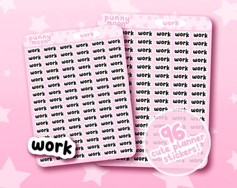 Può includere: Un foglio di 96 adesivi per planner rosa e bianchi con la parola "lavoro" stampata in nero. Gli adesivi sono disposti a griglia e sono progettati per essere utilizzati in un planner o in un diario.