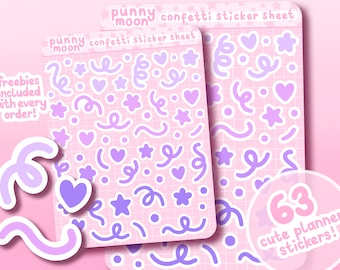 Cute Confetti Planner Stickers| Purple Shapes Scrapbook Stickers| Kawaii Hearts And Stars Journal Stickers| Colourful Girly Sticker Sheet