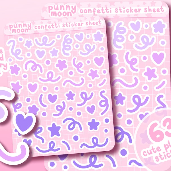 Cute Confetti Planner Stickers| Purple Shapes Scrapbook Stickers| Kawaii Hearts And Stars Journal Stickers| Colourful Girly Sticker Sheet