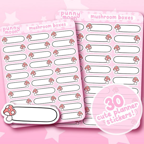 Mushroom Box Sticker Sheet| Cute Planner Stickers| Kawaii Stationery Supplies| Toadstool Decals| Bullet Journal Boxes| Girly Scrapbook Decor