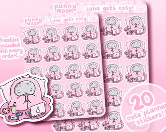 Luna Gets Cosy Planner Stickers| Cute Duvet Day Sheet| Kawaii Self Care Journal Stickers| Lazy Day Off Stickers| Relaxing At Home Stickers