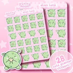May include: A sheet of 28 cute planner stickers featuring green alien characters with different expressions and holding stars. The stickers are on a pink background with white polka dots. The text "punny moon" and "alien luna" is printed on the sheet.