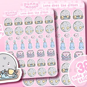 May include: A set of 38 cute planner stickers featuring a cartoon moon character washing dishes. The stickers are on a pink background with the text "punny moon" and "Luna does the dishes".