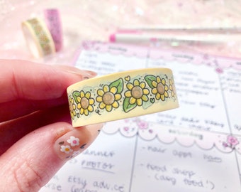 Cute Sunflower Washi Tape| Kawaii Stationery Supplies| Floral Planner Accessories| Bullet Journal Flower Stickers| Girly Scrapbook Decor