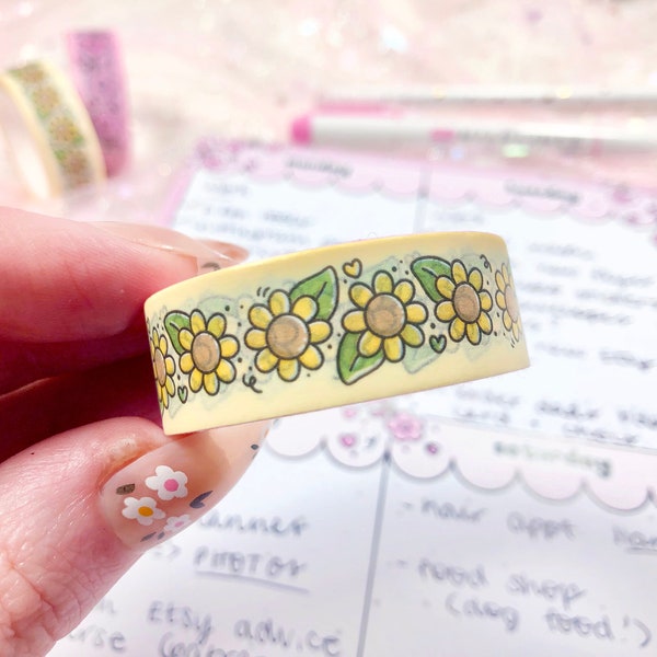 Cute Sunflower Washi Tape| Kawaii Stationery Supplies| Floral Planner Accessories| Bullet Journal Flower Stickers| Girly Scrapbook Decor