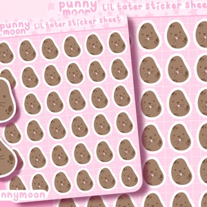 May include: A sheet of 49 brown potato stickers with pink blush and a white outline. The stickers are arranged in a grid pattern on a pink background. The text "punny moon lil tater sticker sheet" is at the top of the sheet. The text "@punnymoon" is at the bottom of the sheet.