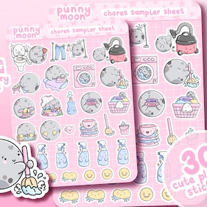 May include: A sheet of 30 cute planner stickers featuring a moon character with different chores. The stickers are in a variety of colors and designs, including a vacuum cleaner, a broom, a washing machine, and a bucket. The text "punny moon chores sampler sheet" is at the top of the sheet.