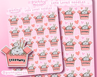 Luna Loves Noodles Sticker Sheet| Cute Takeaway Planner Stickers| Kawaii Takeout Journal Sticker| Chinese Food Ramen Sticker| Fast Food Bujo