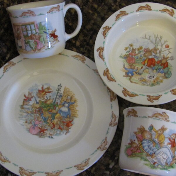 Royal Doulton BUNNYKINS child's set of 4 plate cups porringer bowl English Bone China, Vegetable Cart, Working in the Garden