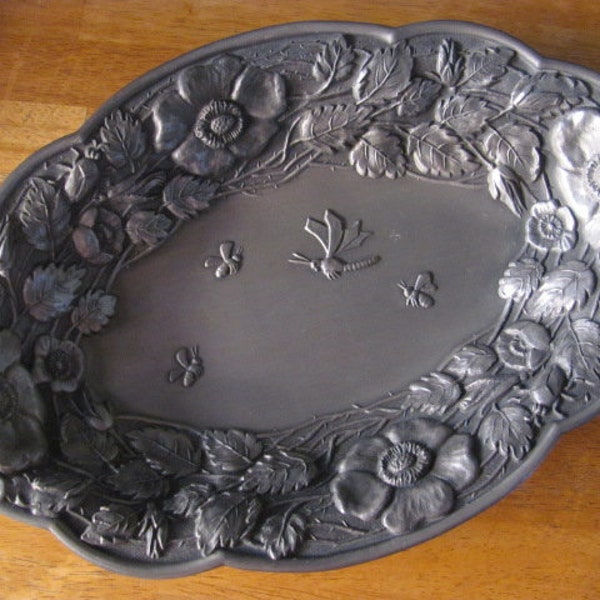 Frieling-Zinn Germany 95% Pewter floral oval bowl, dragonfly, bees