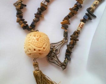 Carved Tagua Nut Necklace: Dragon Tassel, Tiger Eye Beads