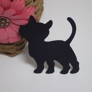May include: Black silhouette of a cat with a long tail, standing on a white surface.