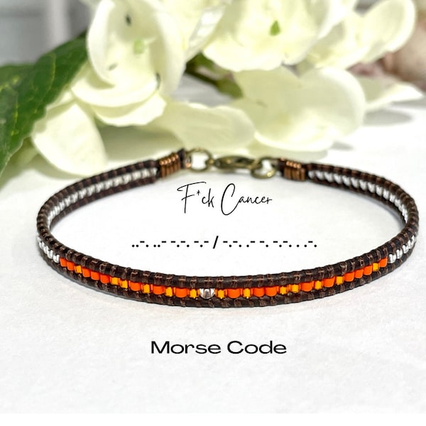 F*CK CANCER Morse Code Bracelet, Beaded Morse Code, Encouragement Bracelet, Seed Bead Bracelet, Handmade Gift, Leather Bracelet for Women
