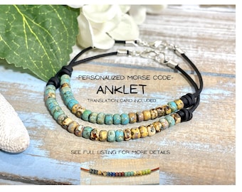 Custom Morse Code Anklet: Picasso Seed Bead Leather Boho Anklet
