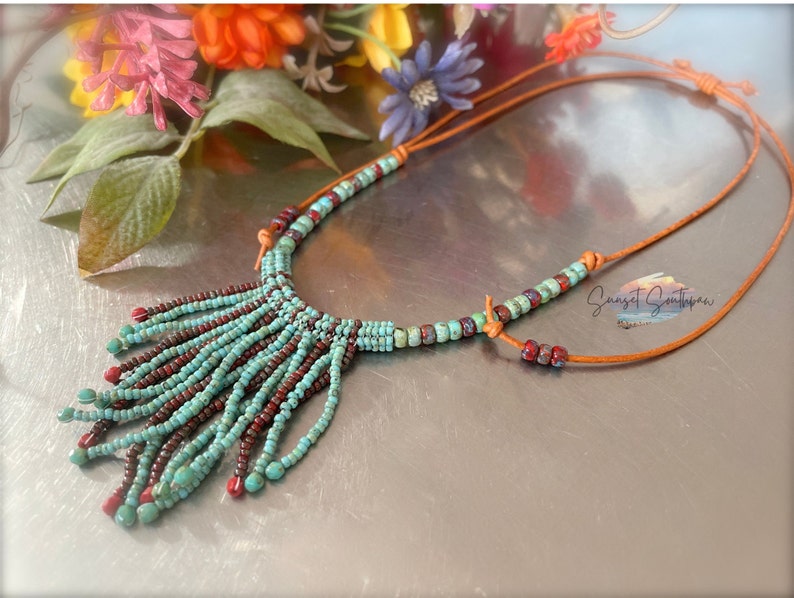 Seed Beaded Fringe and Leather Southwestern Necklace Leather Etsy