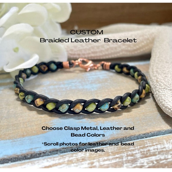 Braided Leather Bracelet Picasso Seed Beads, Unisex  Bracelet, Braided Leather and Bead Wrap Bracelet, Single Wrap, Boho Bracelet, Handmade