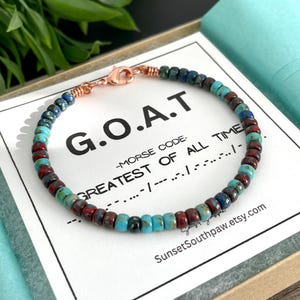 G.O.A.T Morse Code Bracelet: Beaded Leather Unisex Gift for Teacher or Coach