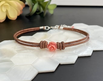 Rose Anklet, Leather Anklet, Pink Rose, Leather Jewelry, Gifts For Her, Woman's Anklet, Girls Anklet, Summer Jewelry, Minimalist Anklet
