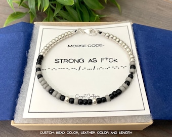 Strong As F*ck Morse Code Bracelet for Women, Motivational Jewelry, Inner Strength Girl Power Gift, Empowerment Jewelry