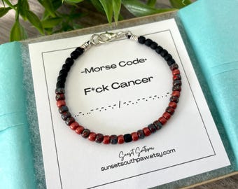 Burgundy Morse Code Bracelet: F*ck Cancer Beaded Leather Cord Unisex Gift
