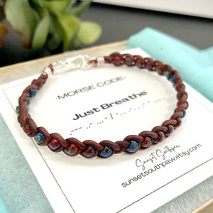 Just Breathe Morse Code Bracelet: Braided Leather Seed Bead Anklet