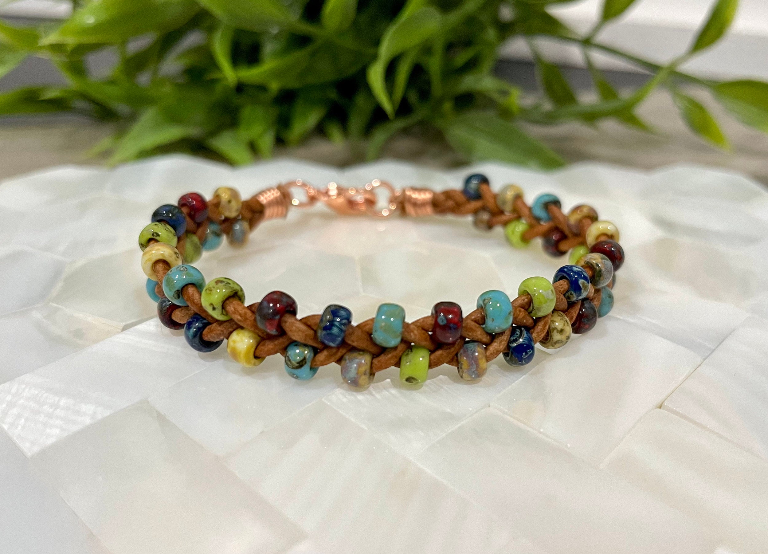 Braided Leather Bracelet Picasso Seed Beads, Stacking Bracelet, Made to Order, Leather and Bead Bracelet, Single Wrap, Boho Bracelet