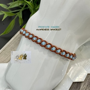 Prostate Cancer Bracelet, Cancer Awareness Bracelet, Light Blue Braided Leather and Seed Bead Bracelet, Cancer Support, Prostate Cancer Gift