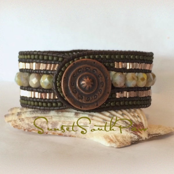 Green Picasso and Copper 5 Row Beaded Leather Cuff Bracelet, Handmade Bracelet, Fire Polished Glass Beads, 6.5 Inches, Free Shipping