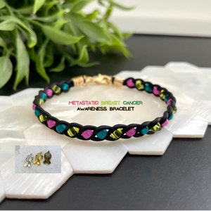 Metastatic Breast Cancer Bracelet, Cancer Awareness, Teal, Pink and Lime Green, Braided Leather Cancer Support Bracelet, Cancer Gift