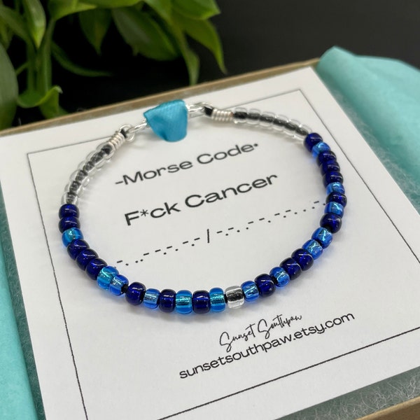 F*CK CANCER Morse Code Bracelet, Beaded Morse Code Bracelet, Blue Cancer Bracelet, Encouragement Gift, Secret Code Bracelet, Unisex Gift