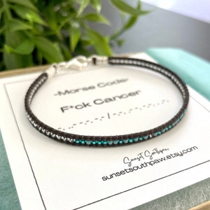 Teal Morse Code Bracelet: F*CK Cancer Leather Beaded Jewelry