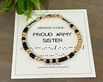 Proud Army Sister Morse Code Bracelet: Seed Bead Leather Jewelry