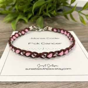 Morse Code F*ck Cancer Braided Leather Bracelet, Pink Seed Bead Bracelet, Breast Cancer Awareness, Secret Message, Cancer Support Gift