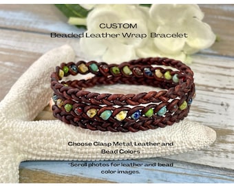 Custom Braided Leather Wrap Bracelet with Picasso Seed Beads, Unisex  Bracelet, Braided Leather and Bead Wrap Bracelet, Triple Wrap, Boho