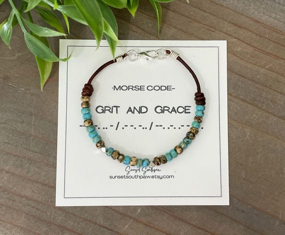 Grit and Grace Morse Code Bracelet: Beaded Leather Bracelet with Inspirational Message
